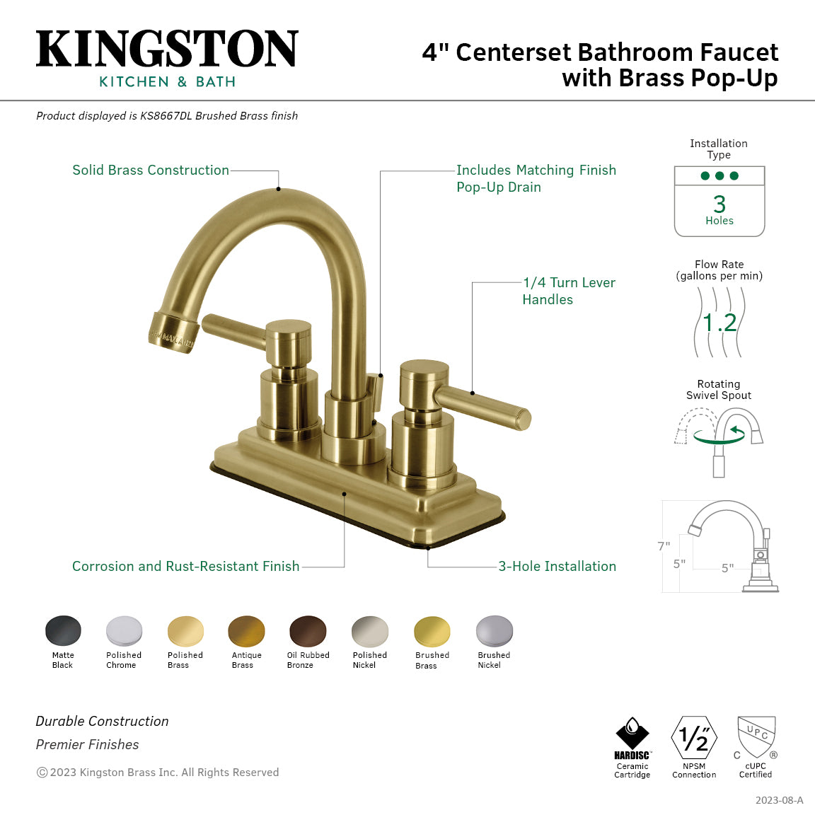 Kingston Sona KS8661DL - Concord Double-Handle 3-Hole Deck Mount 4-Inch Centerset Bathroom Faucet with Brass Pop-Up, Polished Chrome — thumbnail 2